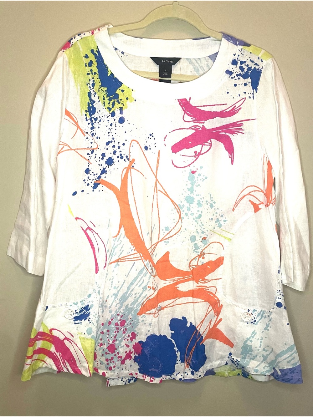 Ali Miles 100% Linen Paint Splatter Tunic Top Art To Wear Lagenlook L Large